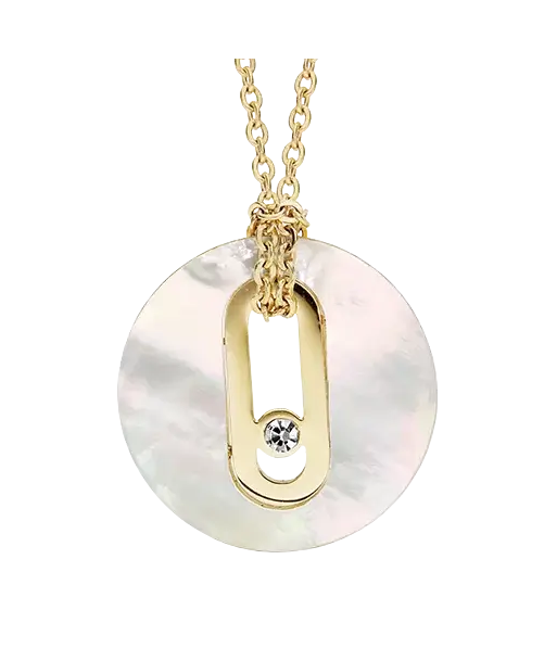 Collier acier et PVD jaune pendentif imitation nacre et un oxyde soldes