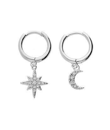 Boucles d'oreilles argent rhodie petite creoles 1 pampille etoile du nord 1 demi lune  oxydes blancs sertis votre