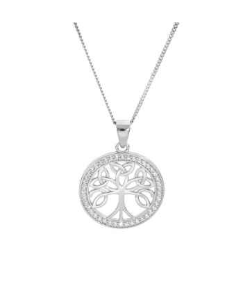 Collier argent rhodié pendentif arbre de vie celtique  20mm contour oxydes blancs sertis de France