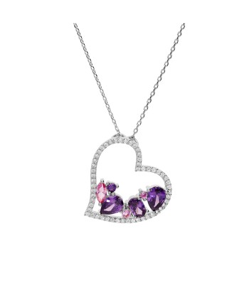 Collier argent rhodie massif pendentif coeur oxydes violets et roses contour oxydes blancs plus qu'un jeu 