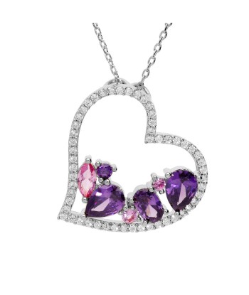 Collier argent rhodie massif pendentif coeur oxydes violets et roses contour oxydes blancs plus qu'un jeu 