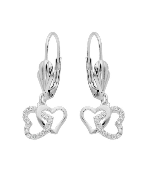 Boucles d'oreilles dormeuse argent rhodié double coeur entrelacé oxydes blancs sertis à prix réduit toute l'année