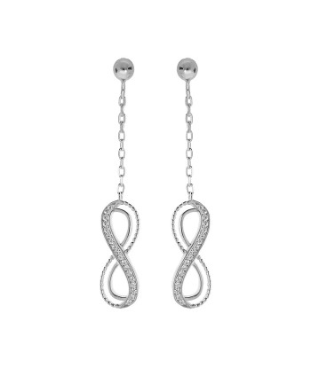 Boucles d'oreilles tige argent rhodié pendante motif infini ajouré avec oxydes blancs sertis de l' environnement