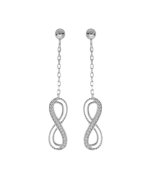 Boucles d'oreilles tige argent rhodié pendante motif infini ajouré avec oxydes blancs sertis de l' environnement