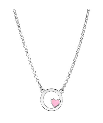 Collier argent rhodié cercle avec coeur résine rose en linge