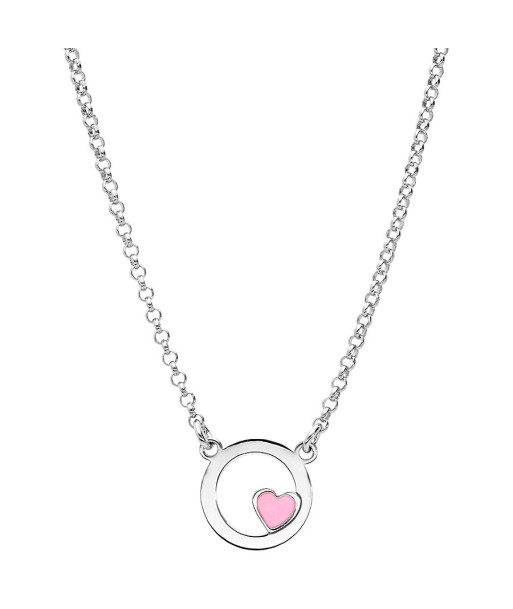 Collier argent rhodié cercle avec coeur résine rose en linge