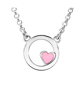 Collier argent rhodié cercle avec coeur résine rose en linge