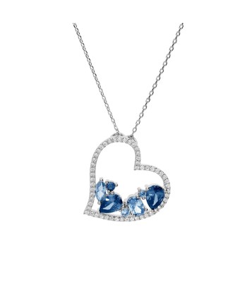 Collier argent rhodié massif pendentif coeur oxydes bleus contour oxydes blancs 40+5cm votre restaurant rapide dans 