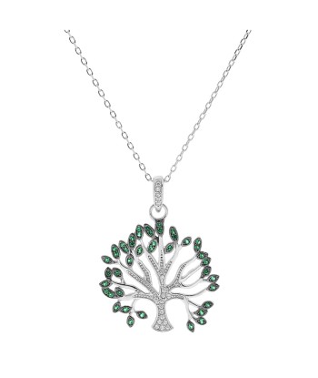 Collier argent rhodié massif arbre de vie oxydes blancs et verts sertis 40+5cm le des métaux précieux