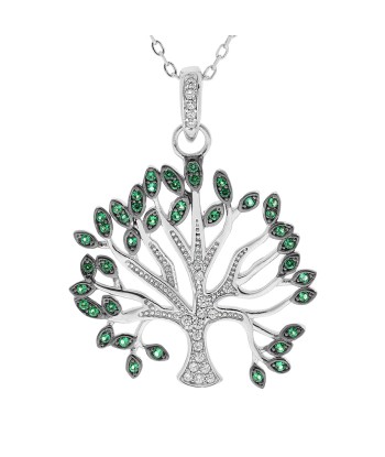 Collier argent rhodié massif arbre de vie oxydes blancs et verts sertis 40+5cm le des métaux précieux