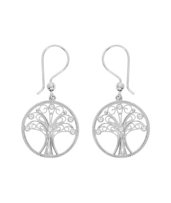 Boucles d'oreilles argent rhodié crochet arbre de vie filigrane et oxydes blancs sertis acheter en ligne