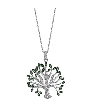 Collier argent rhodié massif arbre de vie oxydes blancs et verts sertis 40+5cm Par le système avancé 