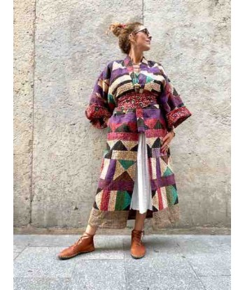 MANTEAU KIMONO Kantha Long Patchwork géométrique d'Europe débarque