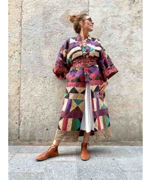 MANTEAU KIMONO Kantha Long Patchwork géométrique d'Europe débarque