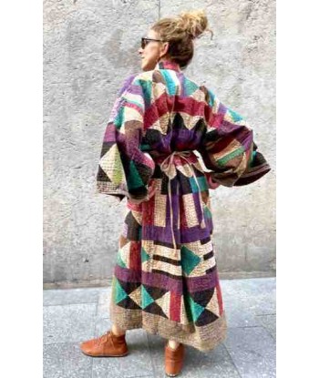 MANTEAU KIMONO Kantha Long Patchwork géométrique d'Europe débarque