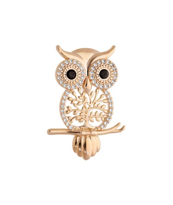 Broche plaqué or hibou - chouette +arbre de vie et oxydes sertis blancs et noirs l'évolution des habitudes 