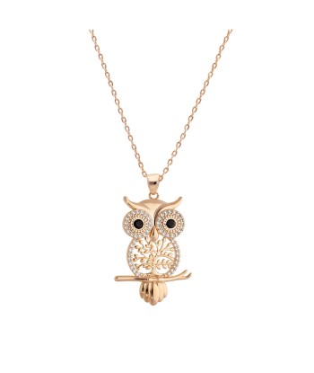 Collier plaqué or hibou - chouette arbre de vie et oxydes sertis blancs et yeux noirs les ctes