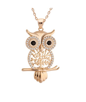 Collier plaqué or hibou - chouette arbre de vie et oxydes sertis blancs et yeux noirs les ctes