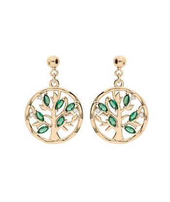 Boucles d'oreilles tige plaqué or arbre de vie oxydes vert Paris Déstockage Promo