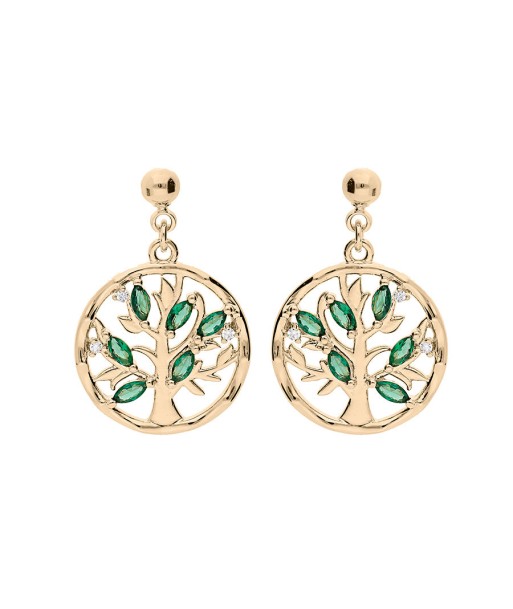 Boucles d'oreilles tige plaqué or arbre de vie oxydes vert Paris Déstockage Promo