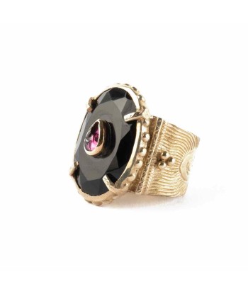 PRO - CHEEMA Bague Chevalière Onyx Noir Grenat brillant des détails fins