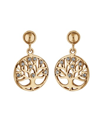 Boucles d'oreilles tige plaqué or rondelle arbre de vie pierres synthetique blanches 2024