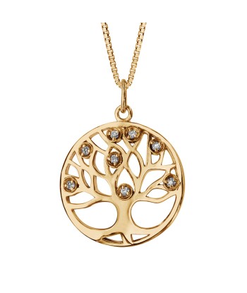 Collier plaqué or pendentif rond arbre de vie pierres synthetique blanches la livraison gratuite