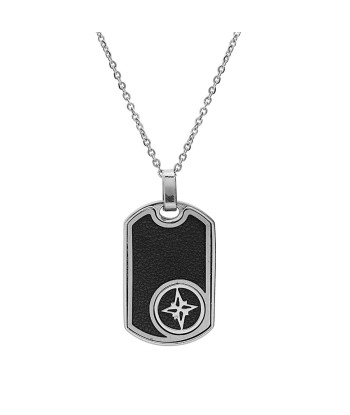 Collier acier pendentif rectangulaire cuir bovin noir étoile du nord Pour