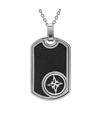 Collier acier pendentif rectangulaire cuir bovin noir étoile du nord Pour