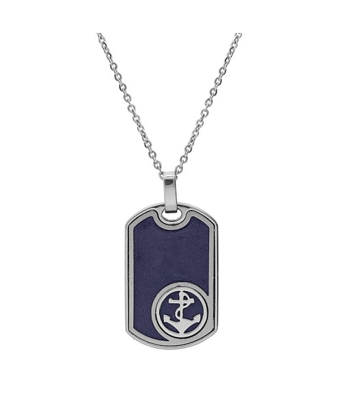 Collier acier pendentif rectangulaire cuir bovin bleu marine ancre plus qu'un jeu 