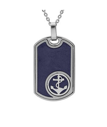 Collier acier pendentif rectangulaire cuir bovin bleu marine ancre plus qu'un jeu 