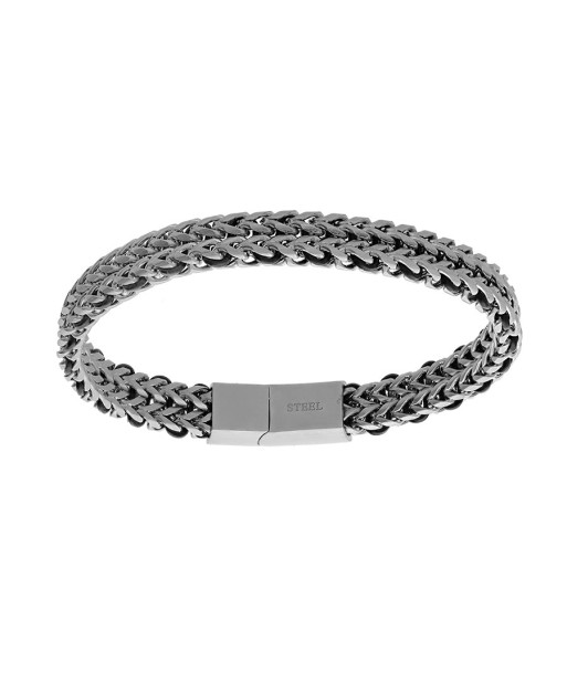 Bracelet acier maille plate et cuir bovin noir avec double fermoir ouvre sa boutique