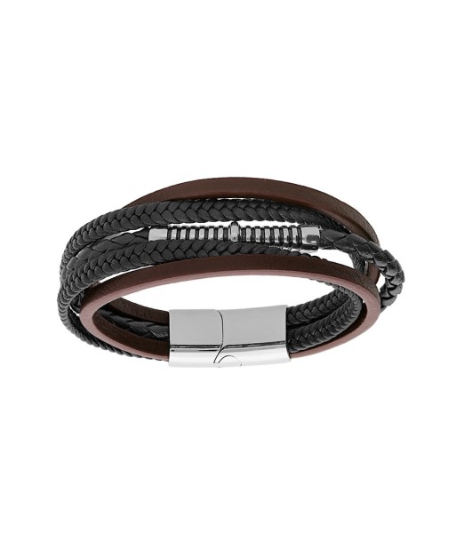 Bracelet acier multifils cuir bovin marron, noir et bleu avec double fermoir pas cher 