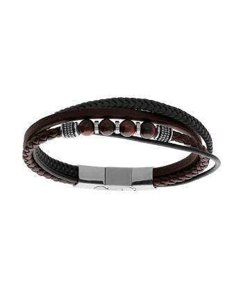 Bracelet acier multi fils cuir bovin marron et noir boules oeil de tigre véritable avec double fermoir acheter