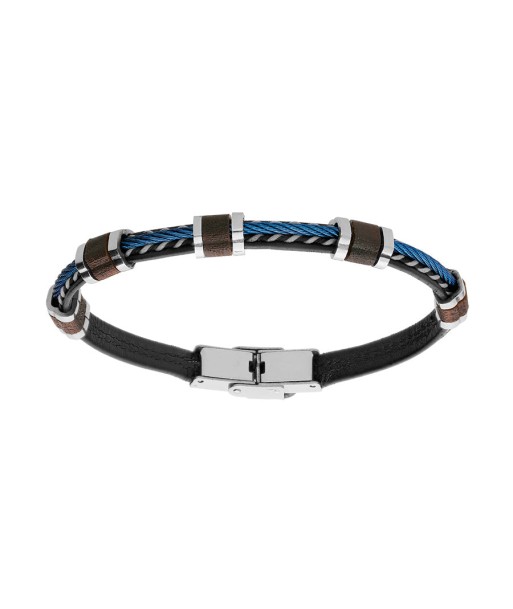 Bracelet acier et cuir bovin noir et cable bleu avec motif bois de chene ouvre sa boutique