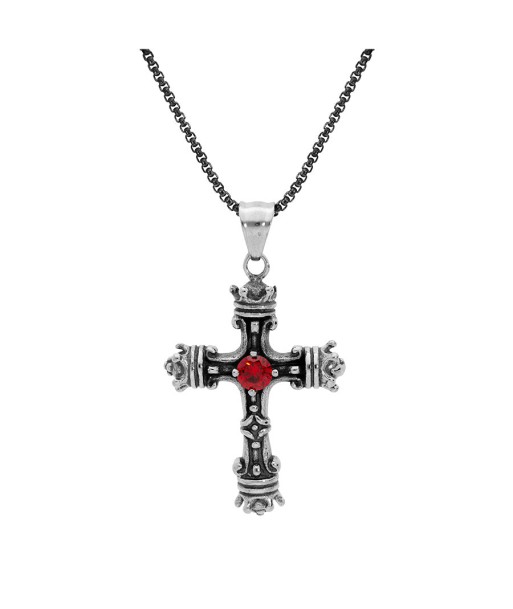 Collier acier pendentif croix patiné oxyde rouge serti commande en ligne