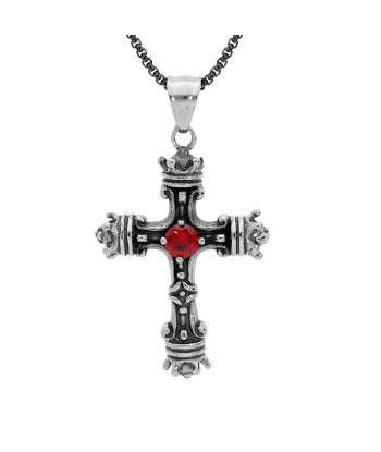 Collier acier pendentif croix patiné oxyde rouge serti commande en ligne