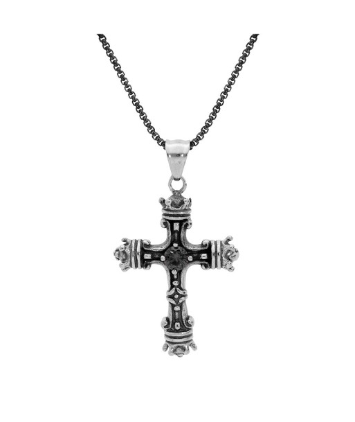 Collier acier pendentif croix patiné oxyde noir serti plus qu'un jeu 