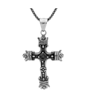 Collier acier pendentif croix patiné oxyde noir serti plus qu'un jeu 