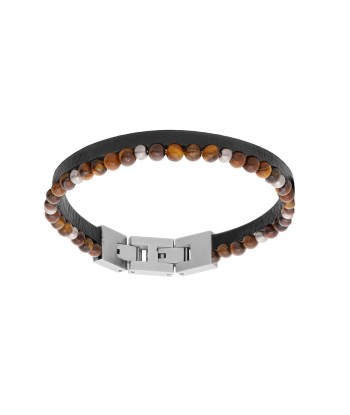 Bracelet acier double cuir bovin marron et perles oeil de tigre avec double fermoir pas cheres