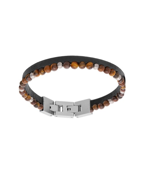 Bracelet acier double cuir bovin marron et perles oeil de tigre avec double fermoir pas cheres