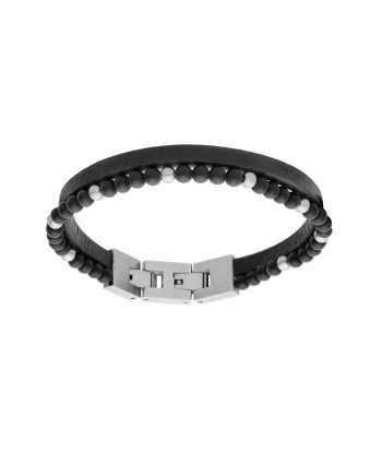 Bracelet acier double cuir bovin noir et perles onyx avec double fermoir suggérées chez