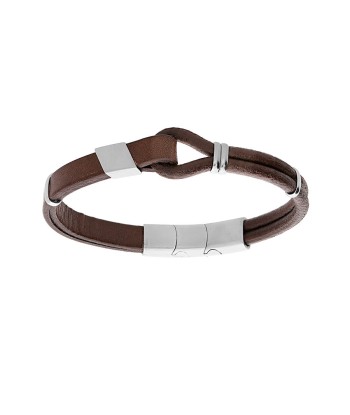 Bracelet acier  et cuir bovin marron boucle la colonne vertébrale