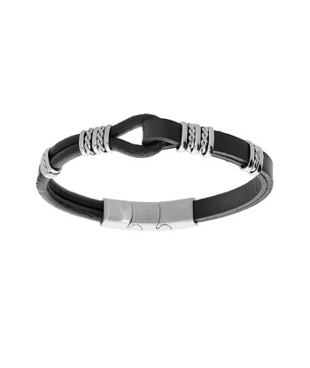 Bracelet acier et cuir bovin noir boucle avec double fermoir outlet