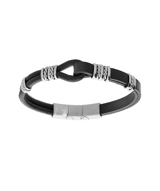 Bracelet acier et cuir bovin noir boucle avec double fermoir outlet