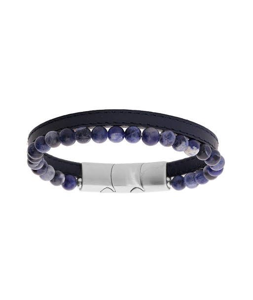 Bracelet acier cuir bovin bleu et perles sodalite avec double fermoir plus qu'un jeu 