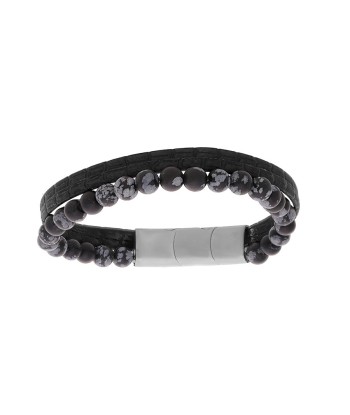 Bracelet acier cuir bovin noir et perles onyx avec double fermoir vente chaude votre 