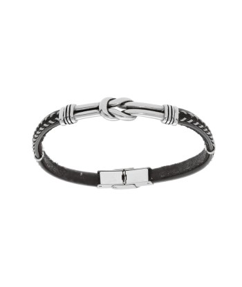 Bracelet acier et cuir bovin noir couture grise et motif noeud patiné réglable en linge