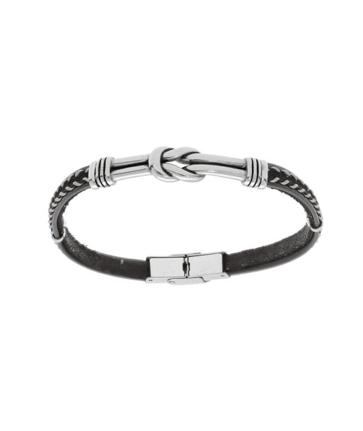 Bracelet acier et cuir bovin noir couture grise et motif noeud patiné réglable en linge