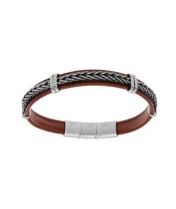 Bracelet acier et cuir bovin marron avec tresse double fermoir destockage